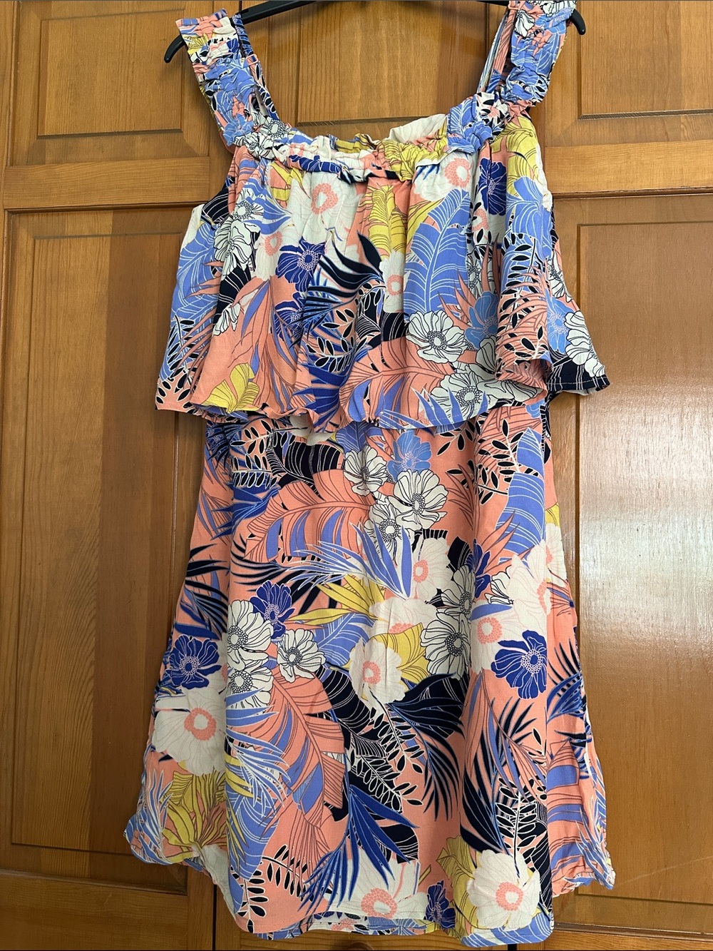 Sanctuary Coral & Blue Tropical Ruffle Mini Dress